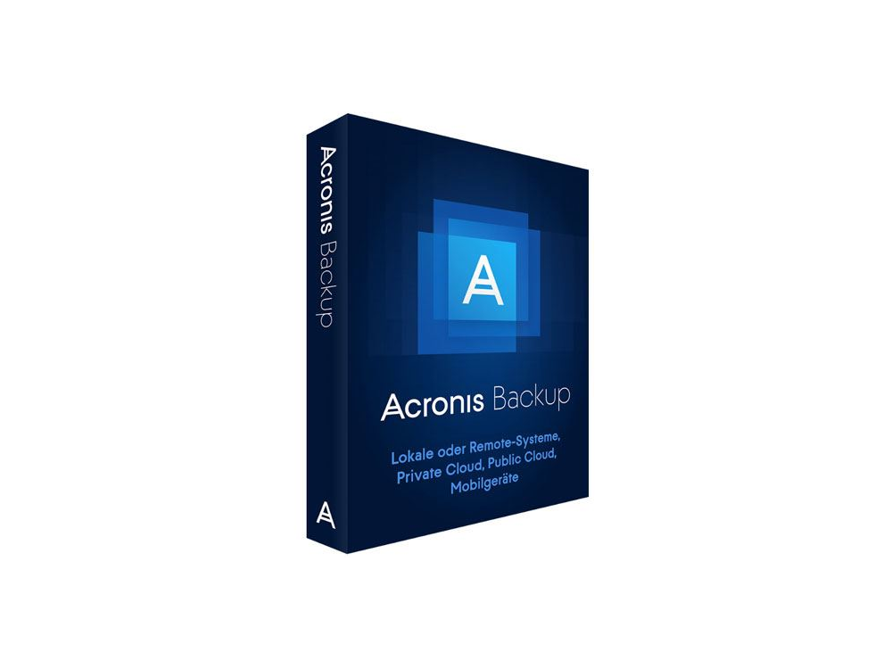 Ein Karton von Acronis Backup. Die Verpackung zeigt das Acronis-Logo